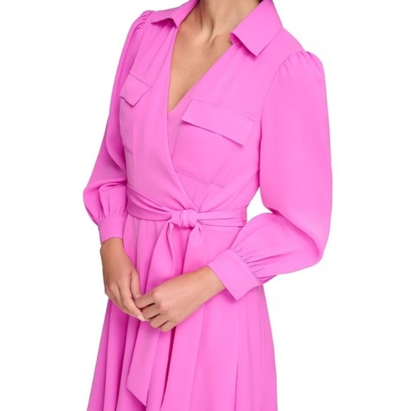 DKNY Pink Women's Long Sleeve Collar Solid Fit and Flare Dress with Pockets - Picture 2 of 5